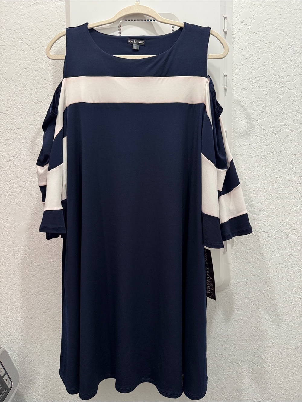 Nina Leonard Navy and White Cold-Shoulder Stripe Dress